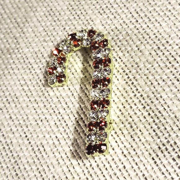 New Vintage Austrian Crystal Candy Cane Enamel Christmas Sweater Pin Brooch - Picture 5 of 7